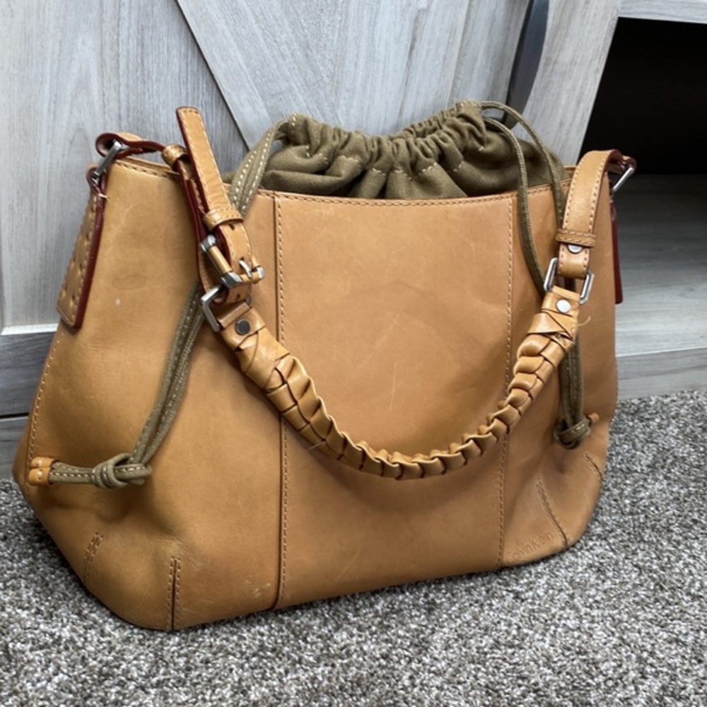 Calvin Klein Tan Leather Saddlebag Canvas Drawstring Woven Handled Bag Rare